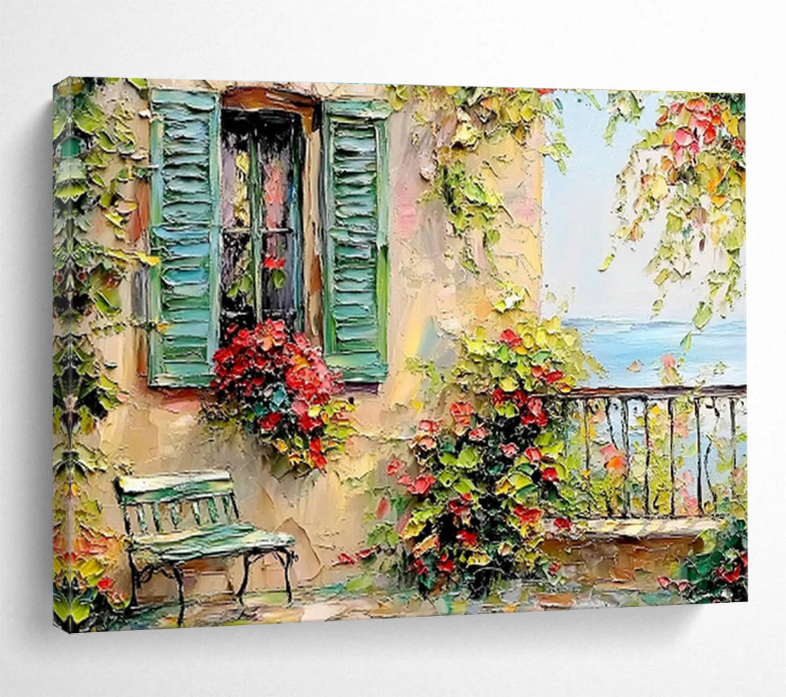 Coastal Cottage with Flower Boxes Art for Charming Nautical - Themed Cafés DLZ3076