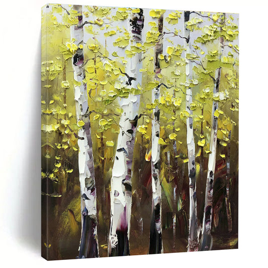 Golden - Leaf Birch Forest Oil Painting for Autumn - Themed Home & Rustic Restaurant DLZ1289