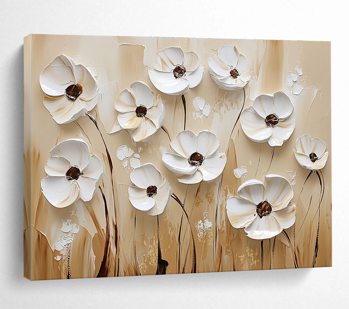 White Flowers on Beige Art for Minimalist Bedroom & Art Gallery SC003
