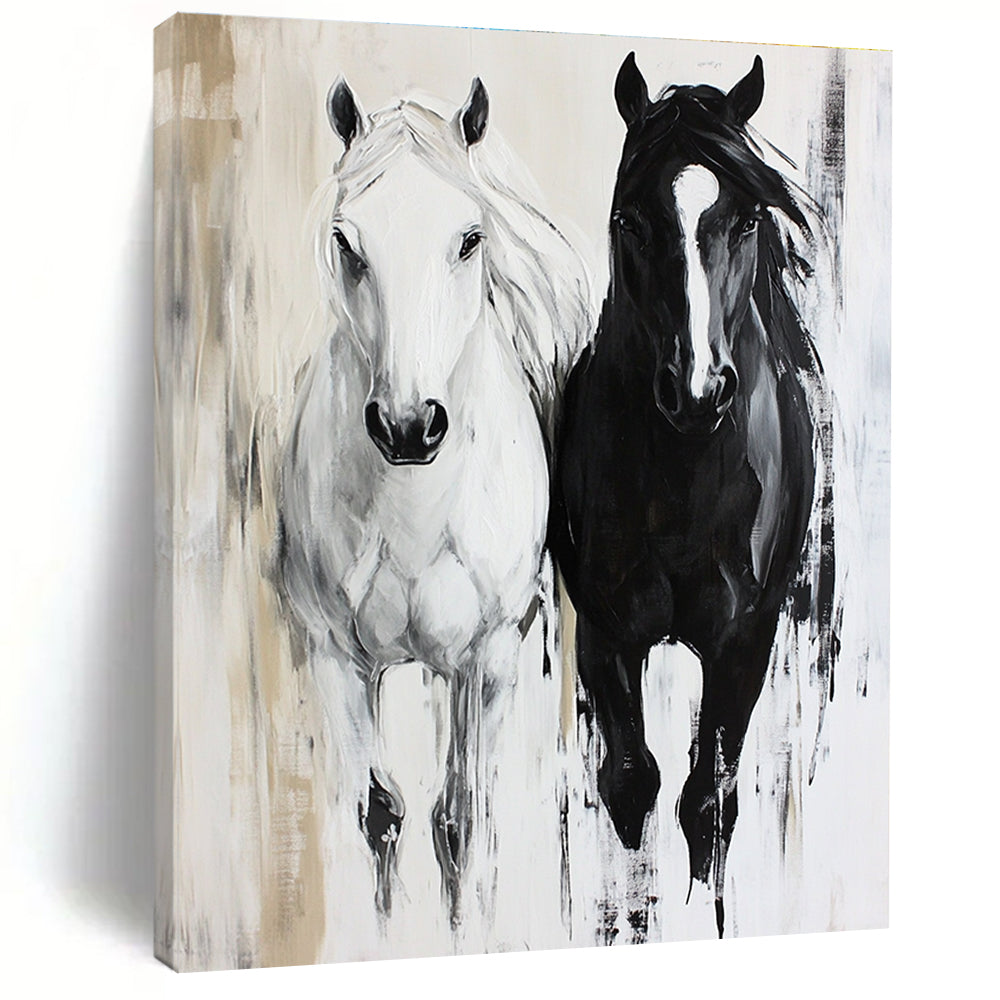 Black and White Horses Dynamic Equine Art for Equestrian Club Lounge & Modern Home Hallway STSC1452