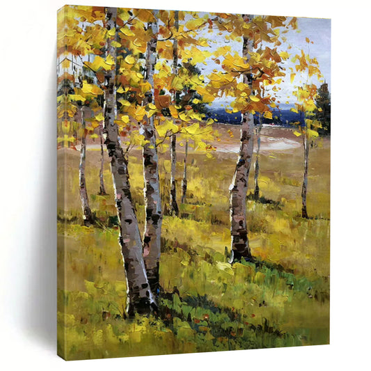 Golden Autumn Birch Forest Oil Painting for Country Cottage & Fall - Themed Café DLZ1291