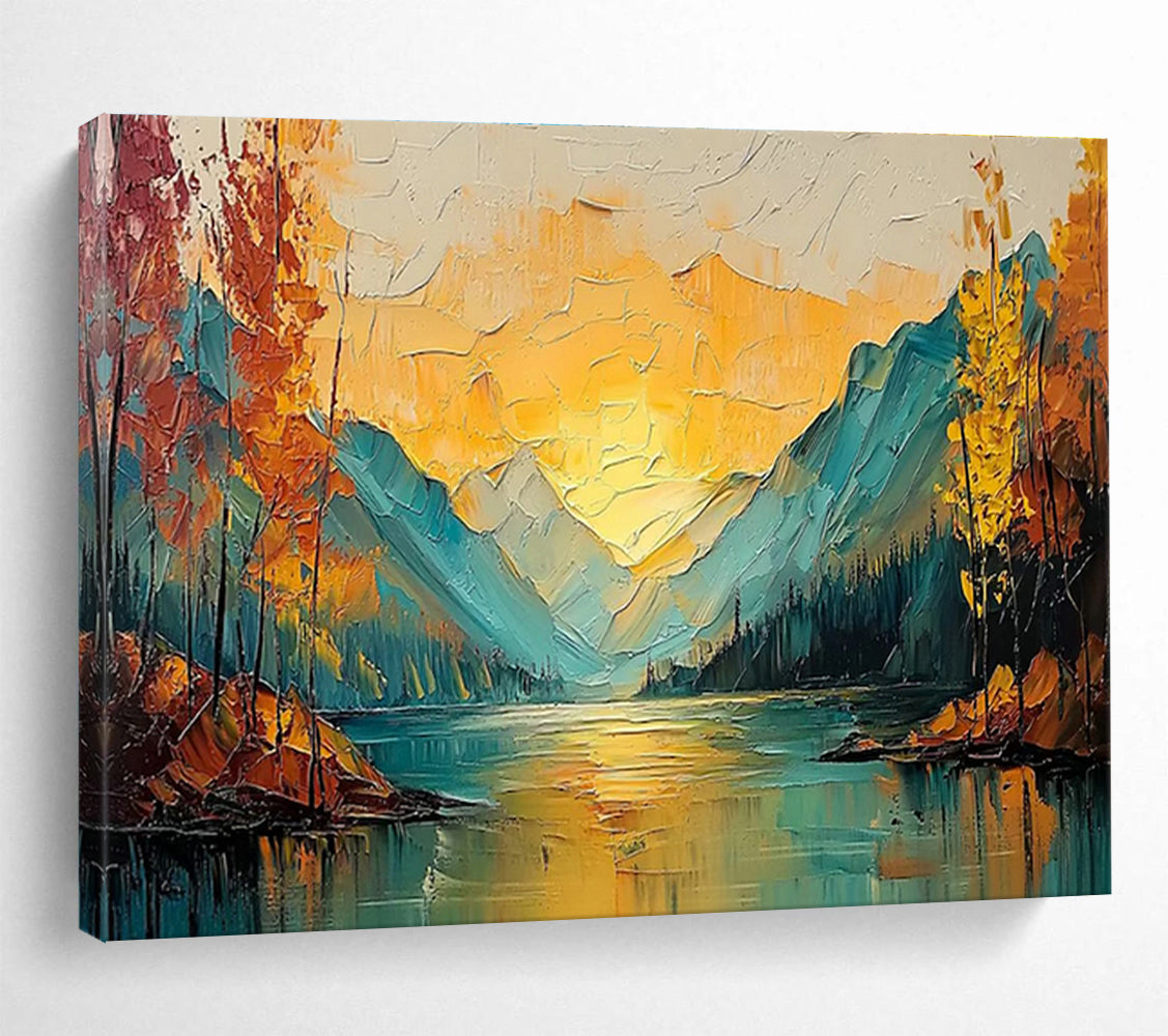 Textured Mountain & Lake Sunset Art for Adventure Lodge Communal Spaces DLZ3245