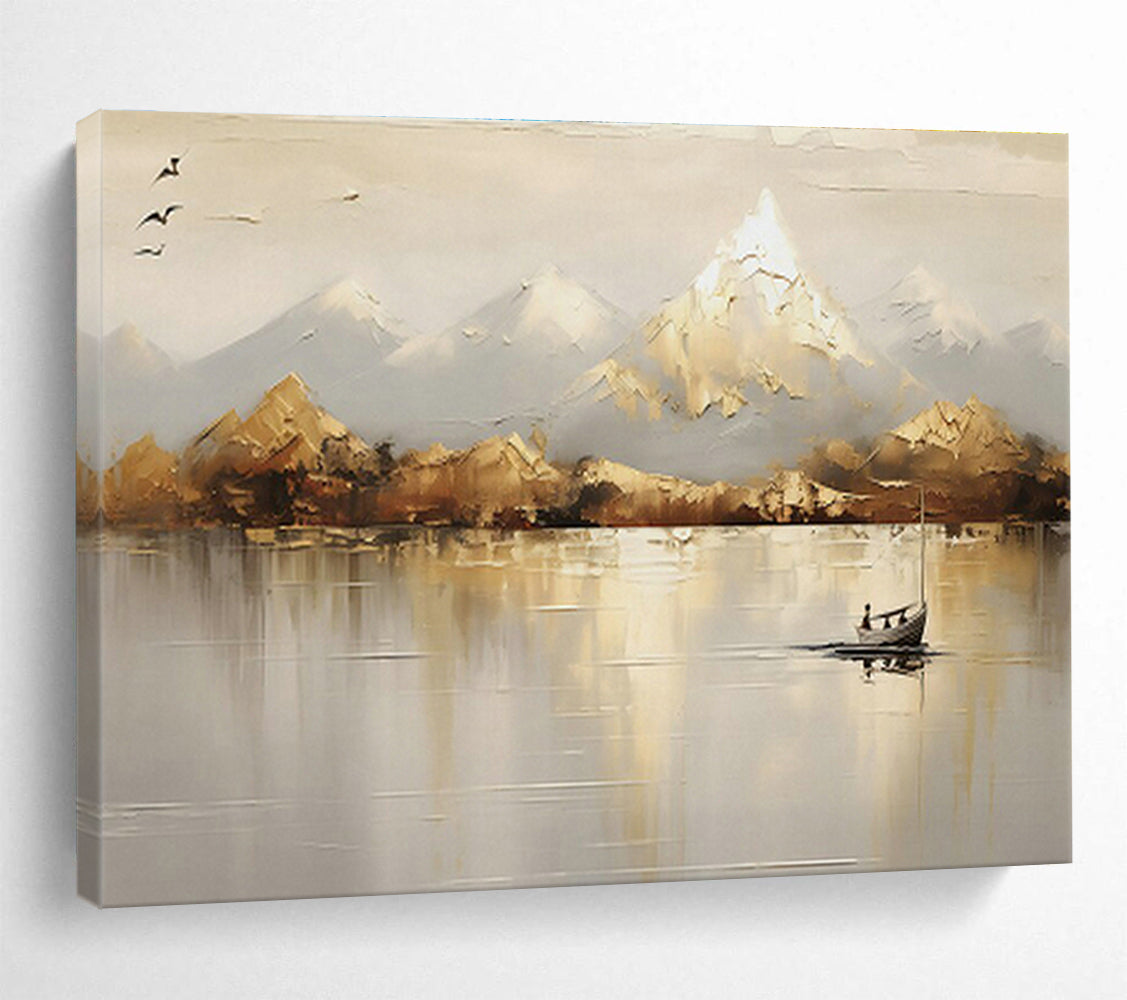Mountain - Lake Boat Oil Painting for Rustic Cabin Living Areas DLZ2542