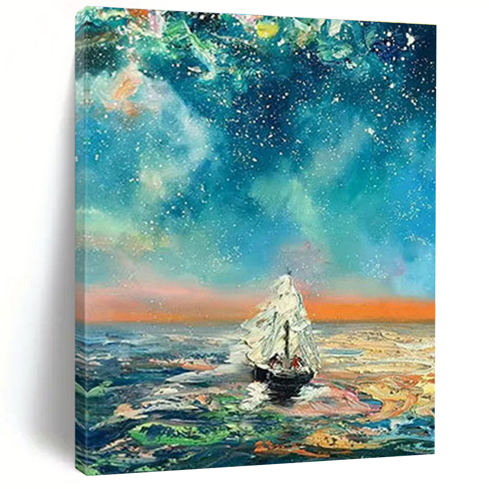 Starry Night Sailboat Oil Painting for Nautical - Themed Bar & Beach House Bedroom DLZ1056