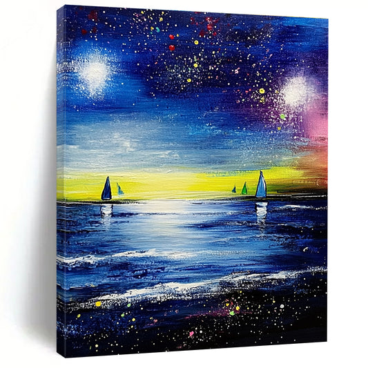 Starry Night Sea with Sailboats for Nautical - Themed Living Room & Cozy Beach Cottage STSC526