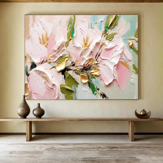 Pink and Gold Floral Oil Painting for Chic Dining Room Accents DLZ2637