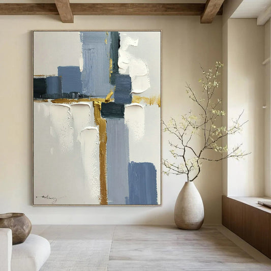 Blue - Gold Abstract Art for Coastal Home Office & High - End Jewelry Store DLZ1687