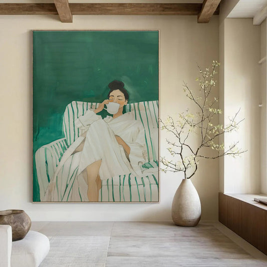 Woman in White Robe on Green Sofa Art for Spa Retreat & Cozy Bedroom DLZ0690