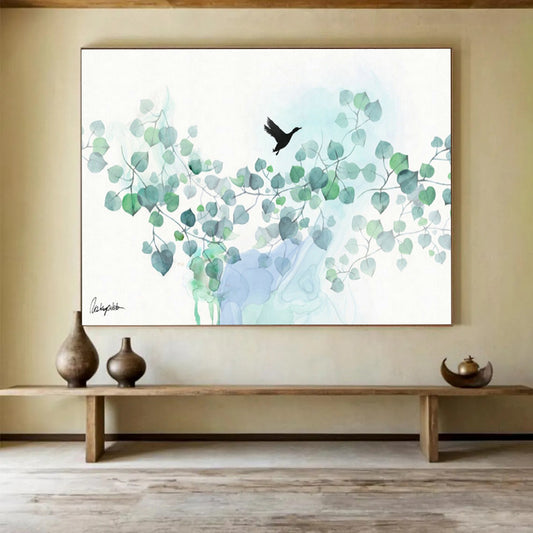 Bird & Leaves Watercolor Art for Tranquil Bedroom DLZ2923