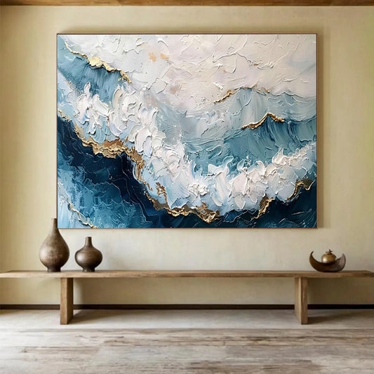 Blue - Gold Ocean Wave Oil Painting for Luxury Bathroom Retreats DLZ2540