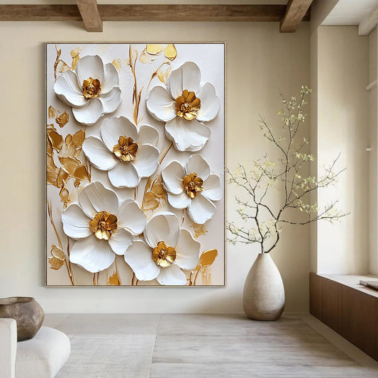 3D White Flowers with Gold Centers Textured Floral Art for Bohemian - Style Living Room & High - End Home Spa STSC1481