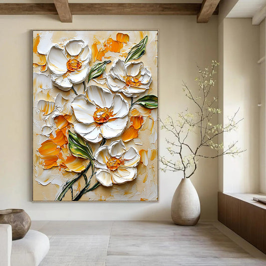 Textured White Flowers Art for Floral - Themed Spa & Elegant Dining Room STSC1397