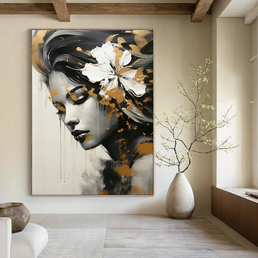 Gold - White Flower Female Portrait for Luxury Beauty Salon & Art - Inspired Home DLZ1822