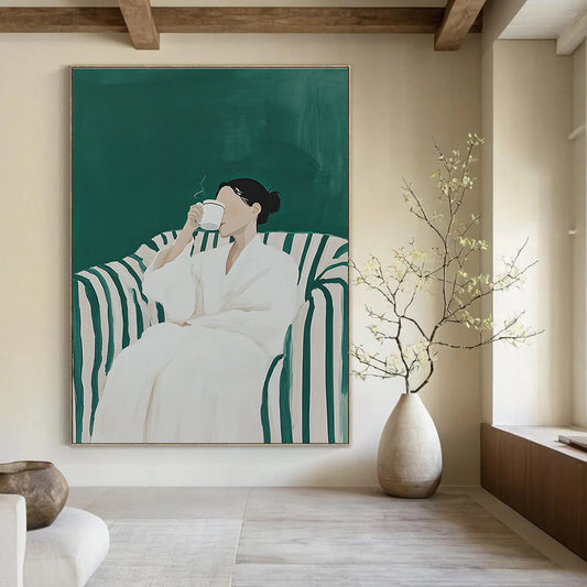 Woman in White Robe Drinking for Cozy Reading Nook & Modern Wellness Space STSC1122