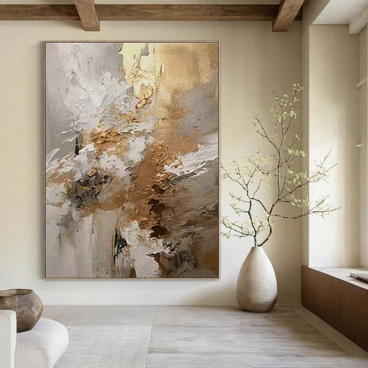 White - Gold - Brown Abstract Art for Luxury Hotel Suite & High - End Restaurant DLZ1253