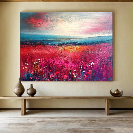 Vibrant Red Field Landscape Art for Nautical - Themed Restaurant & Coastal Home SC314