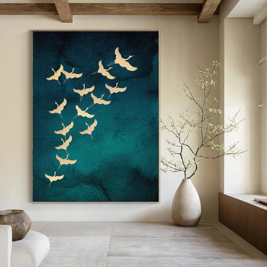 Golden Cranes in Flight Art for Living Room & Bedroom DLZ0389