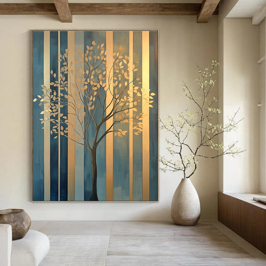 Golden Tree on Striped Background Art for Luxury Home Office & Elegant Dining Room STSC1117
