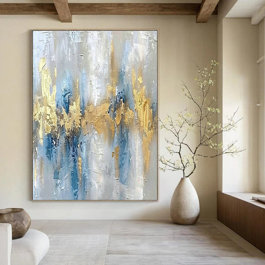 Gray - White - Blue - Gold Abstract Art for Mountain Chalet & Contemporary Hotel Suite DLZ1908