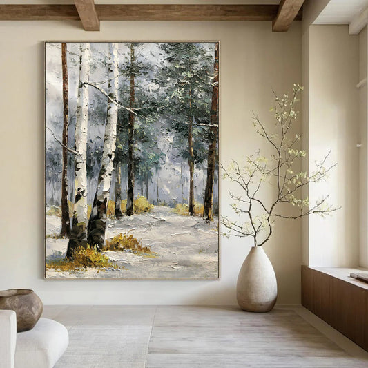 Snowy Birch Forest Oil Painting for Chalet Bedroom & Winter Retreat Lounge DLZ1290