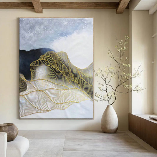 White - Blue with Gold Waves Abstract for Spa & Luxury Home DLZ0574