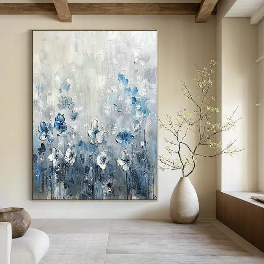 Blue and White Flower Oil Painting for Romantic Bedroom & Floral - Themed Café DLZ1988