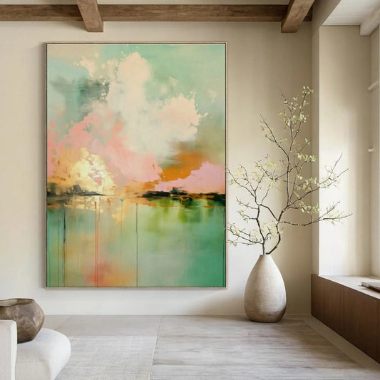 Pink - Green Abstract Landscape Art for Scandinavian Bedroom & Art Gallery Lounge DLZ1001