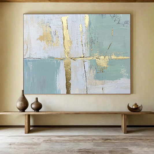 Light Blue & Gold Abstract Art for Coastal Home Office & Serene Yoga Studio SC326