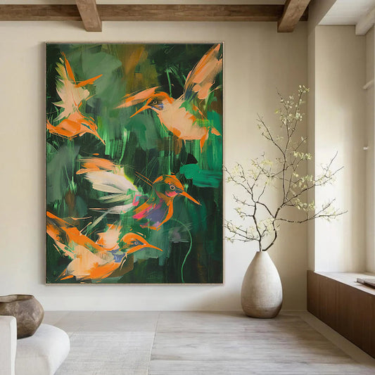 Orange Birds in Jungle Abstract Art for Tropical Resort & Nature - Lover’s Bedroom DLZ0681
