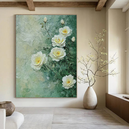 Textured White Roses Romantic Floral Art for Victorian - Style Parlor & Elegant Home Bedroom STSC1490