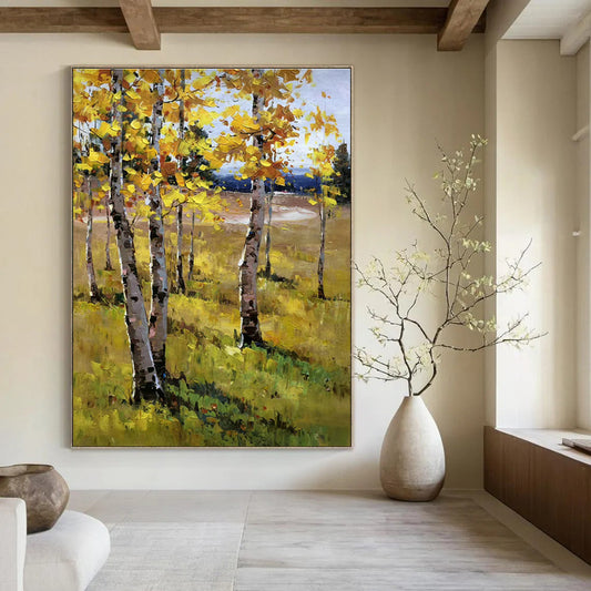 Golden Autumn Birch Forest Oil Painting for Country Cottage & Fall - Themed Café DLZ1291