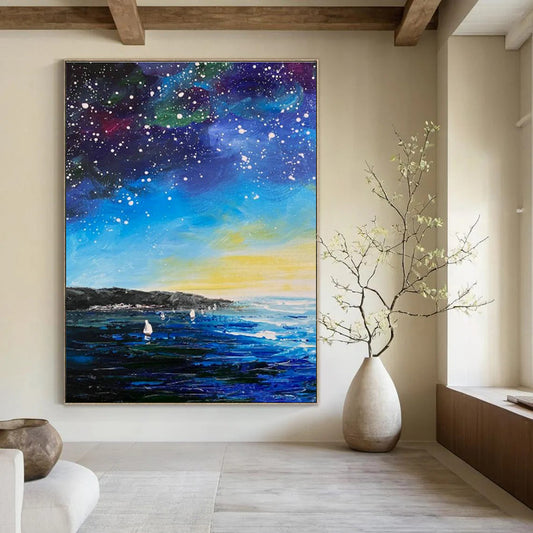 Starry Sea View Oil Painting for Bedroom & Cottage DLZ0346