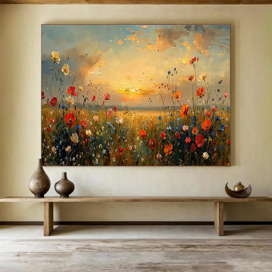 Sunset Flower Field Oil Painting for Romantic Outdoor - Themed Patios DLZ2641