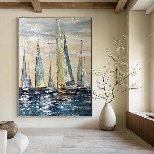 Sailing Boats Oil Painting for Nautical Yacht Club & Beach House Dining Room DLZ0852