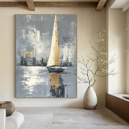 Golden Sailboat on Gray Water Art for Modern Coastal Office & Elegant Home Library STSC1420
