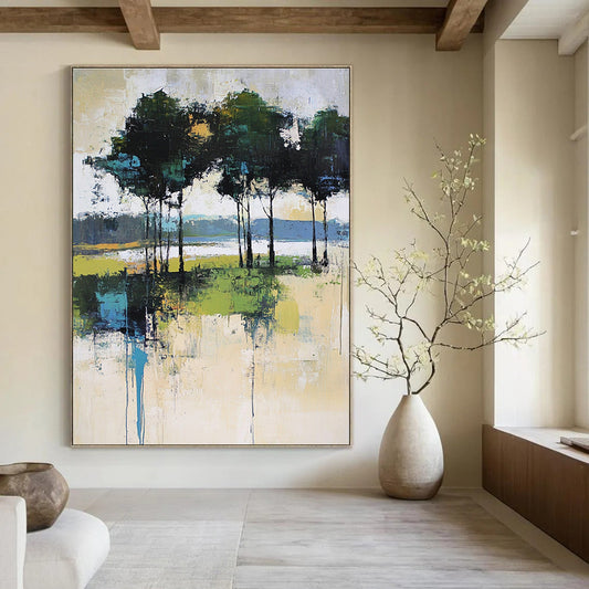 Abstract Tree - Lined Waterfront Art for Lakeside Cottage & Art - Loving Home Office STSC118