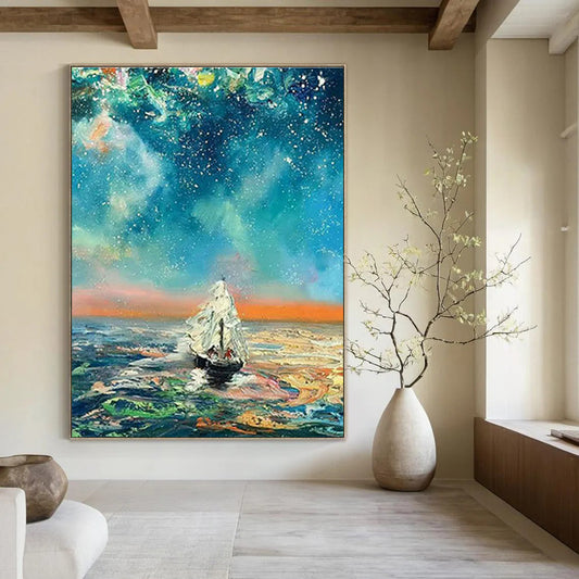 Starry Night Sailboat Oil Painting for Nautical - Themed Bar & Beach House Bedroom DLZ1056