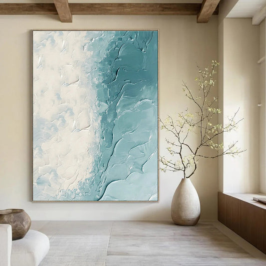White - Blue Textured Abstract Art for Beachfront Café & Yoga Studio DLZ1257