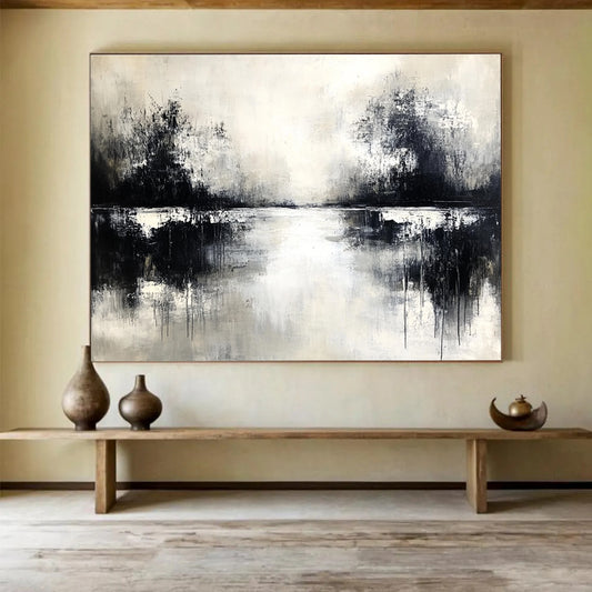 Monochrome Lake Reflection Art for Black - and - White Themed Café & Serene Spa SC056
