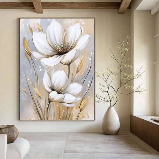 White and Gold Flowers Luxurious Floral Art for High - End Hotel Lobby & Glamorous Home Bedroom STSC1476