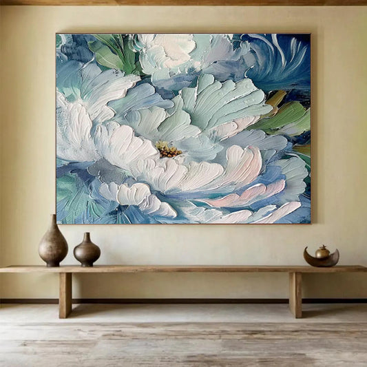 Impasto Blue - White Peony Art for Sophisticated Entryway DLZ3059