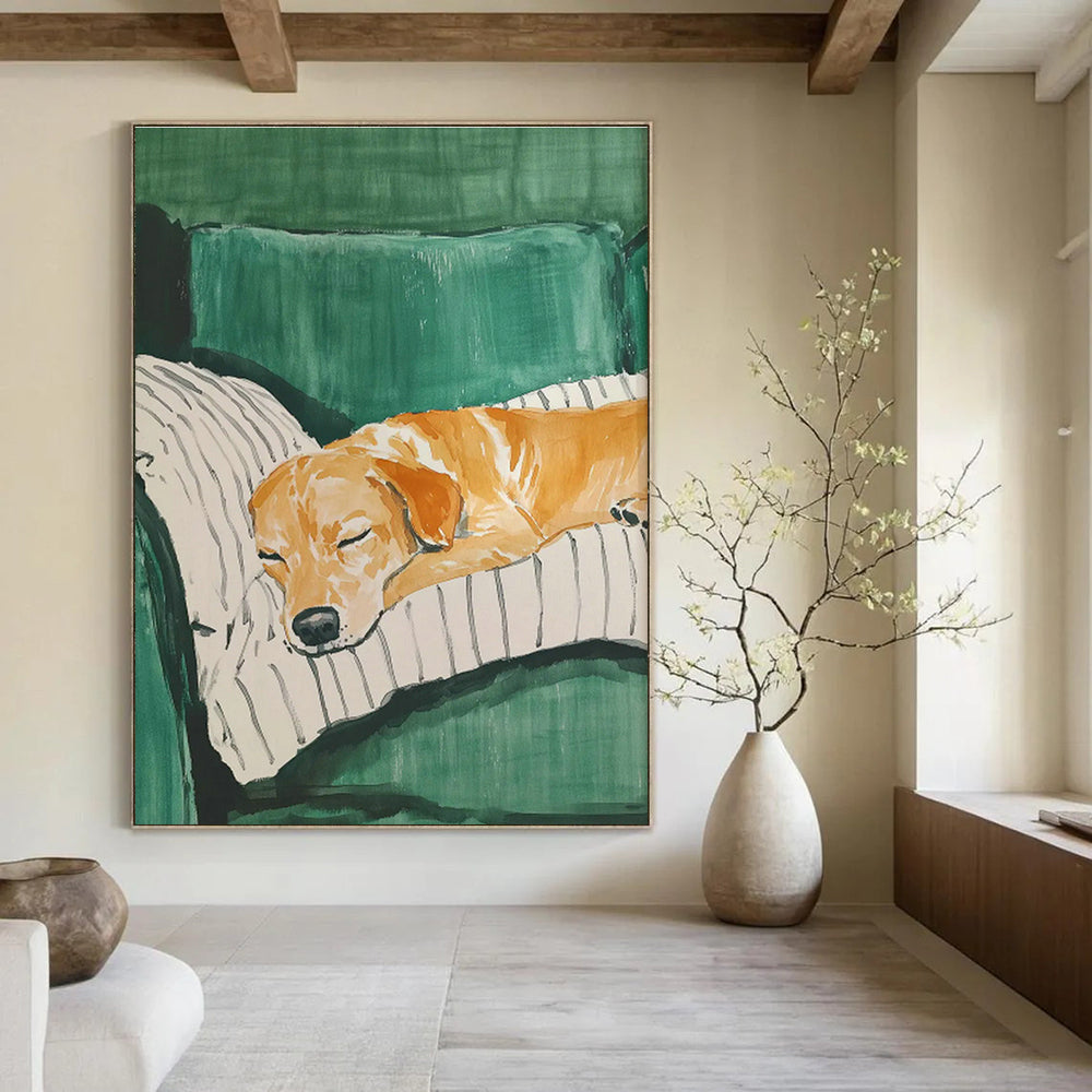 Dog Sleeping on Green Sofa Art for Pet - Friendly Home & Vet Clinic Waiting Room DLZ0688