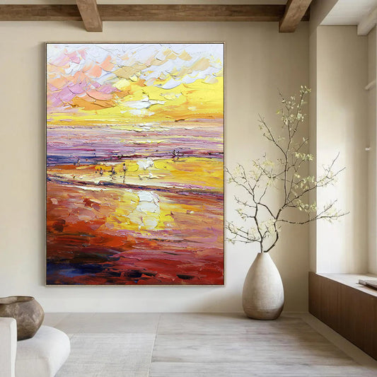 Warm - Toned Beach Oil Painting for Coastal Home & Vacation Rental Lounge DLZ1313