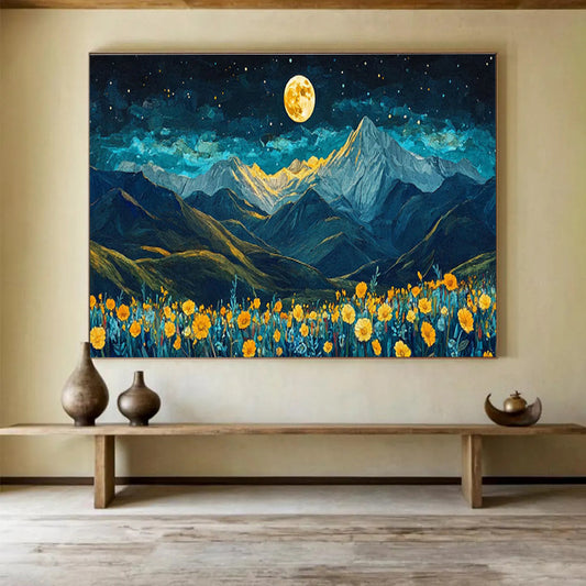 Moonlit Mountain Landscape with Flower Field Art for Inspirational Home Offices DLZ3078