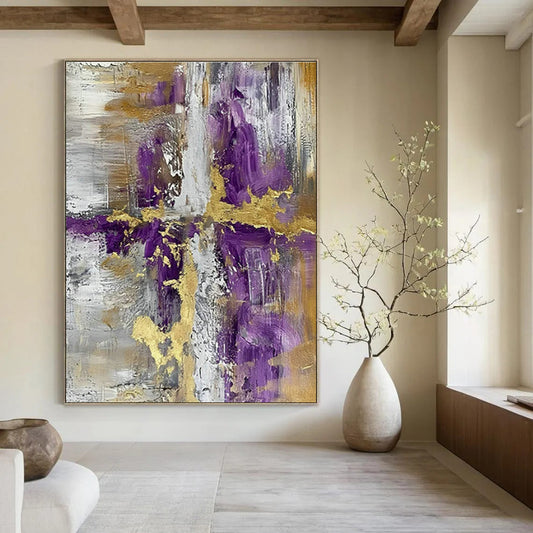 Purple - Gold - Silver Abstract Art for Art Gallery Exhibition & Bohemian - Chic Home DLZ1731