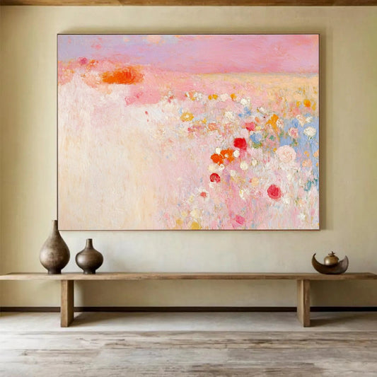 Pink Flower Field Abstract Art for Romantic Wedding Venue & Feminine Bedroom SC350