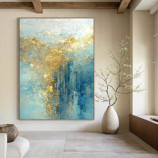 Light Blue - Gold Abstract Art for Lakeside Cottage & Wellness Retreat DLZ1907