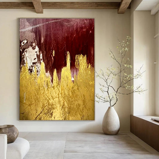 Burgundy & Gold Foil Abstract Art for Upscale Restaurant & Bohemian - Chic Bedroom DLZ1343