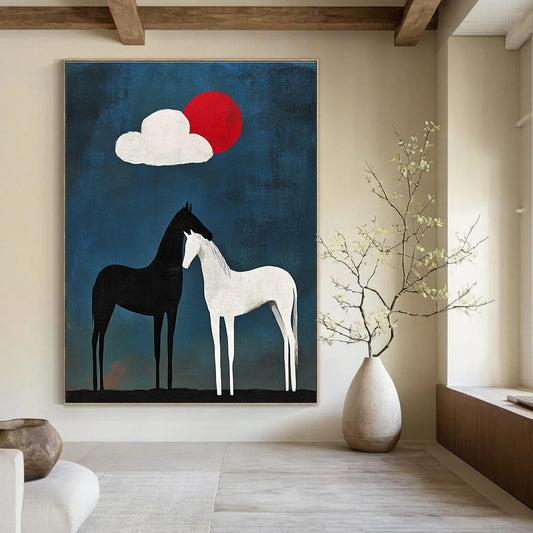 Black and White Horses Under Sun and Cloud for Bohemian - Style Café & Nature - Inspired Art Studio STSC916