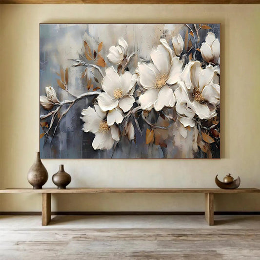 Impasto White Flower Branch Art for Elegant Hotel Lobbies DLZ3091